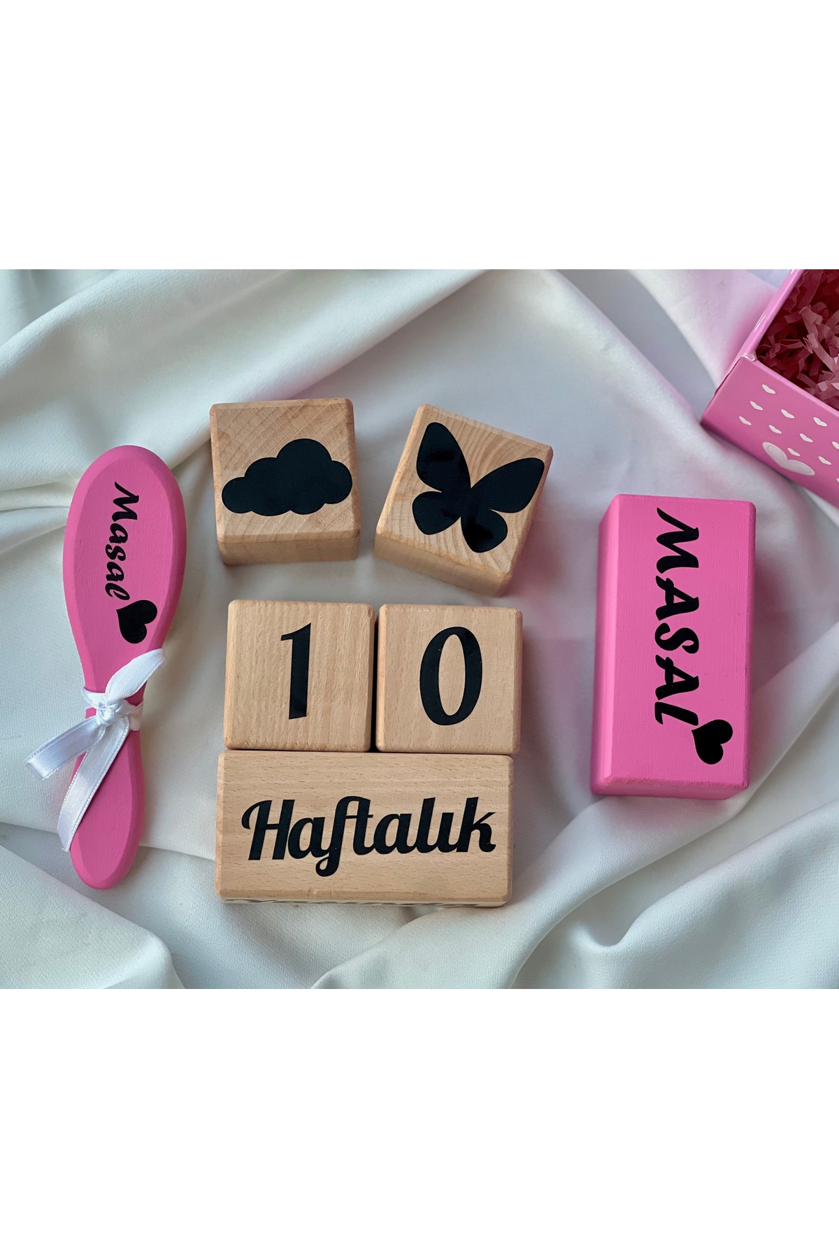 Pembe  kalpli siyah yazılı Anne bebek anı küpü bebek çekim aksesuarı hello world