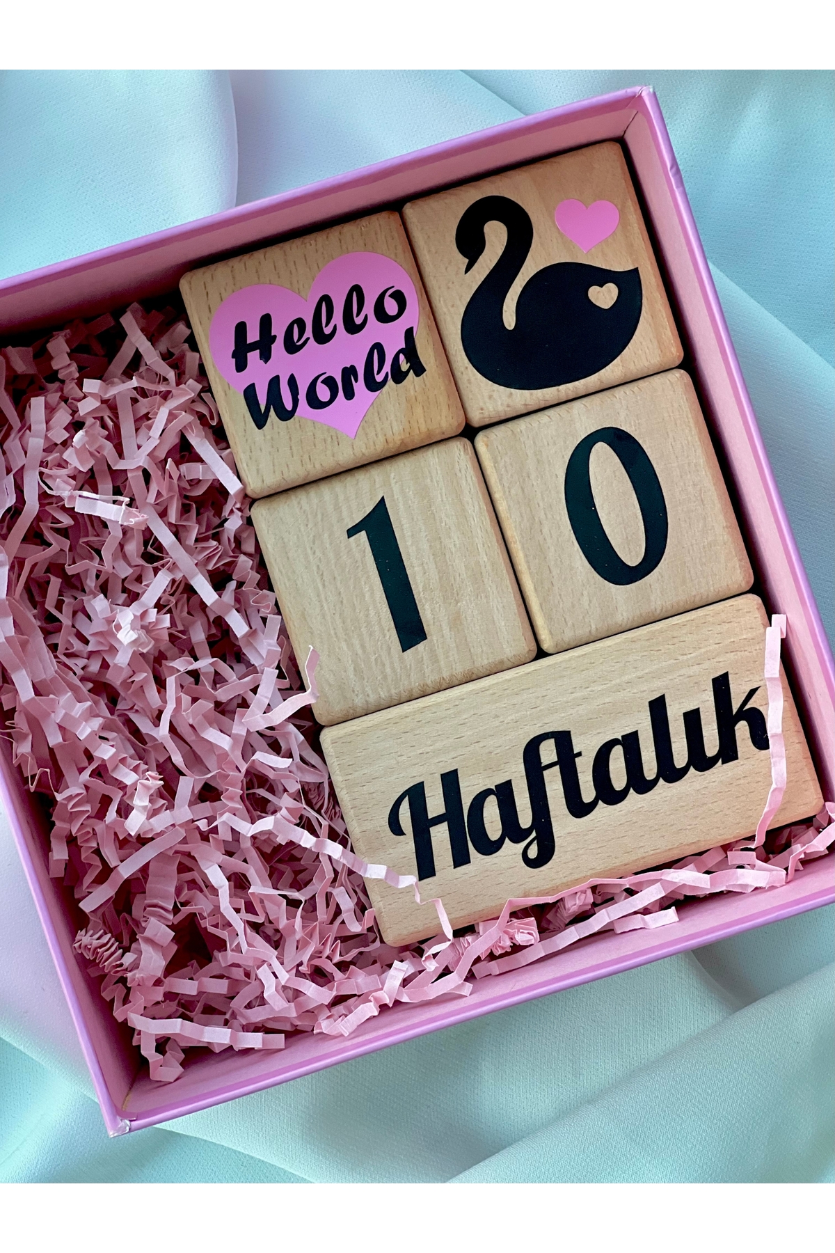 Pembe  kalpli siyah yazılı Anne bebek anı küpü bebek çekim aksesuarı hello world