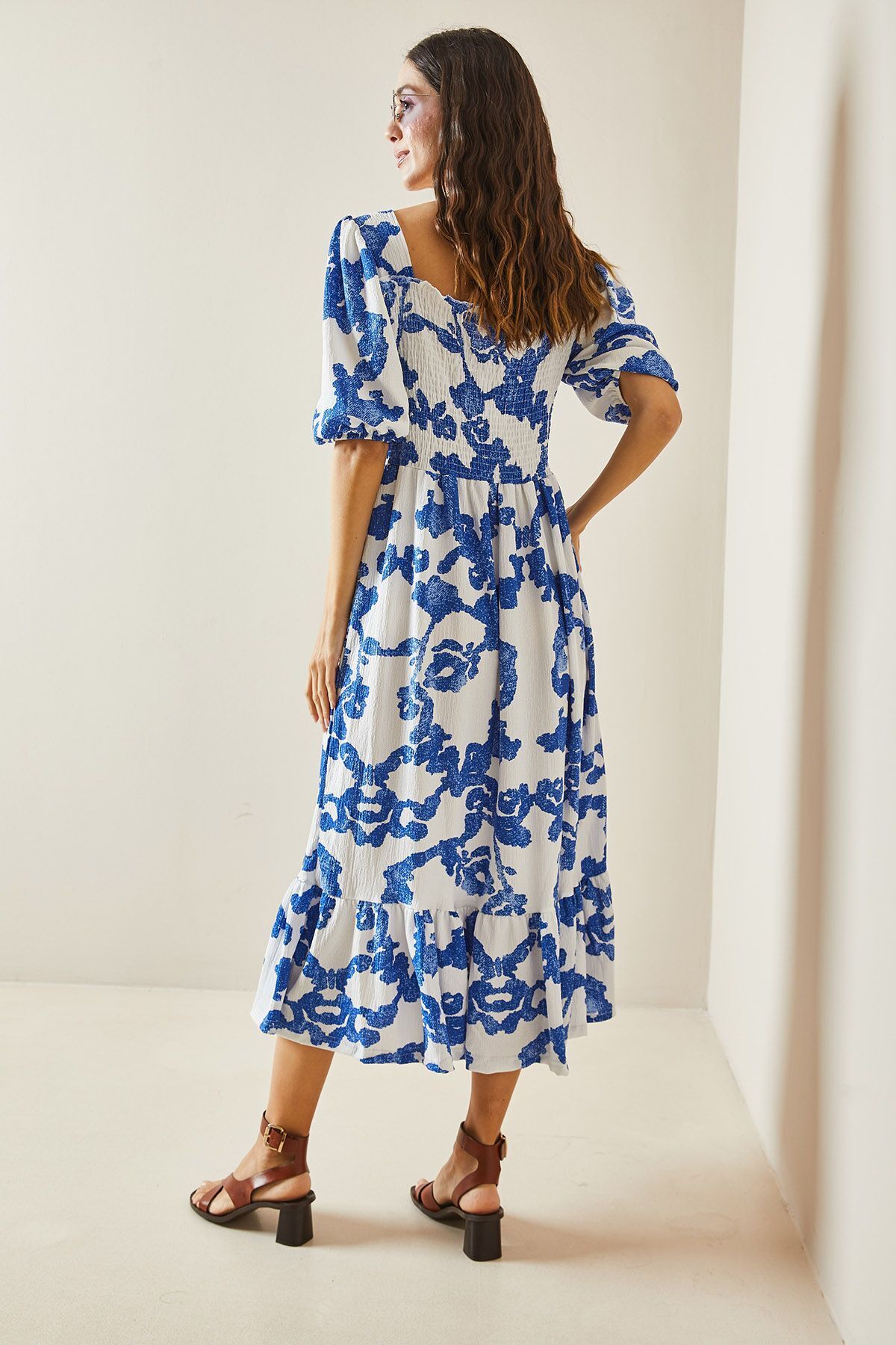XHAN-Blaues gemustertes Gipe-Detailrock-Rüschen-Strickkleid 5YXK6-48509-12 5