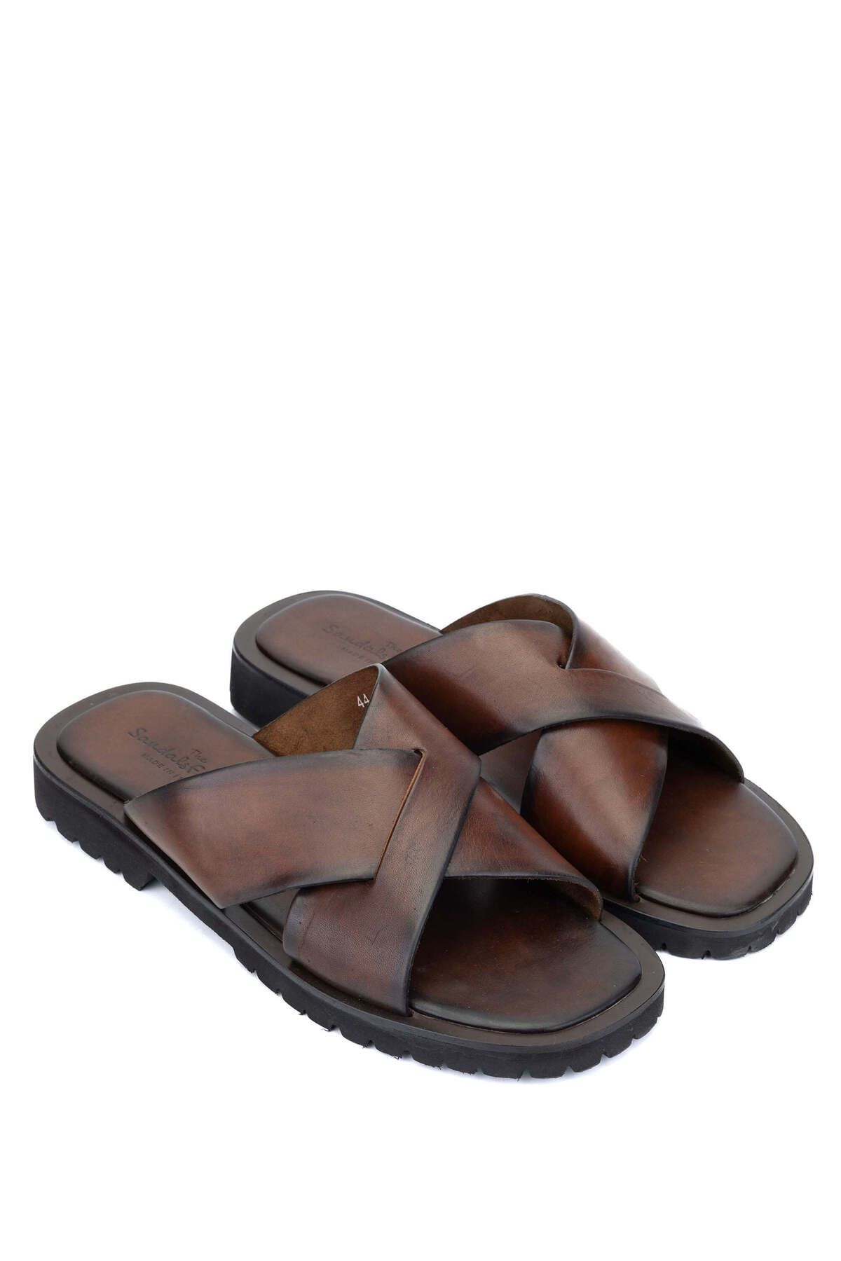 دمپایی تخت قهوه ای چرم اصل مردانه Sandals Factory