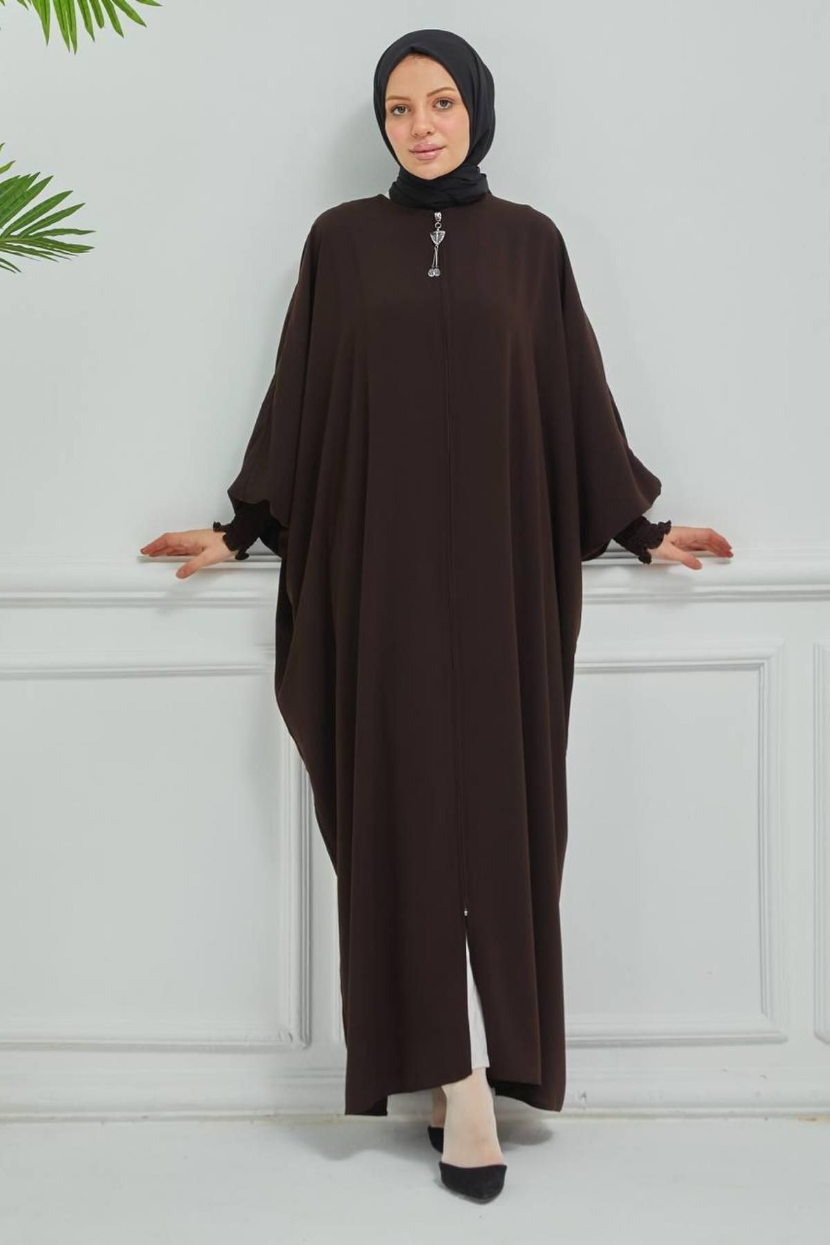 ASİLNUR Bat Sleeve Abaya Zippered Коричневый 2245-1