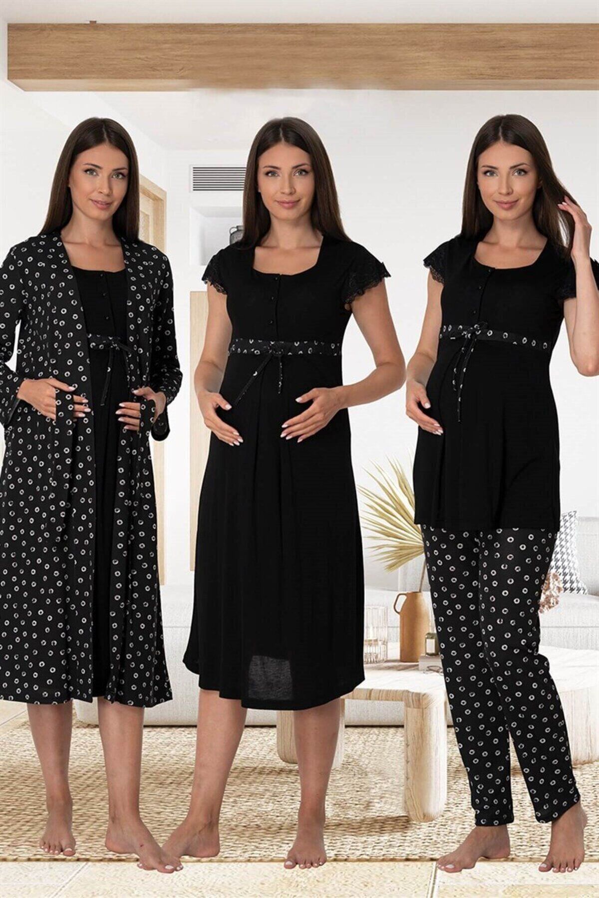 LOHOUSE Set De Rochii Și Pijamale Pentru Maternitate Și Maternitate Cu Buline Negre - Set De 4 Cămăși De Noapte Femeie - M