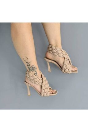 Özel Tasarım Örgü Bant Detaylı Nude Renk Topuklu Kadın Sandalet C129