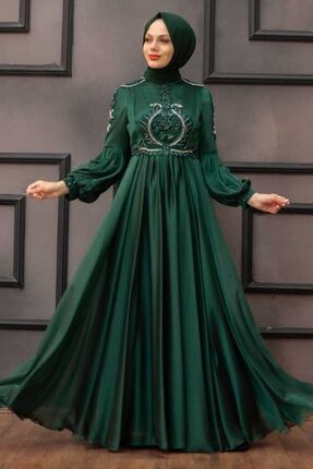 Tesettürlü Abiye Elbise - Pelerinli Yeşil Tesettür Abiye Elbise 2212y EGS-2212