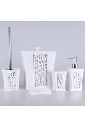 5 Parça Polyester Banyo Takımı Seti Beyaz Gümüş PRA-4081007-7327