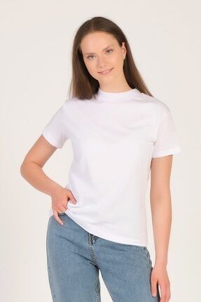 Kadın Beyaz Dik Yaka Basic T-shirt 5533T