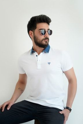 Erkek Yakası Kot Detaylı Polo Yaka Basic T-shirt ONT888K01