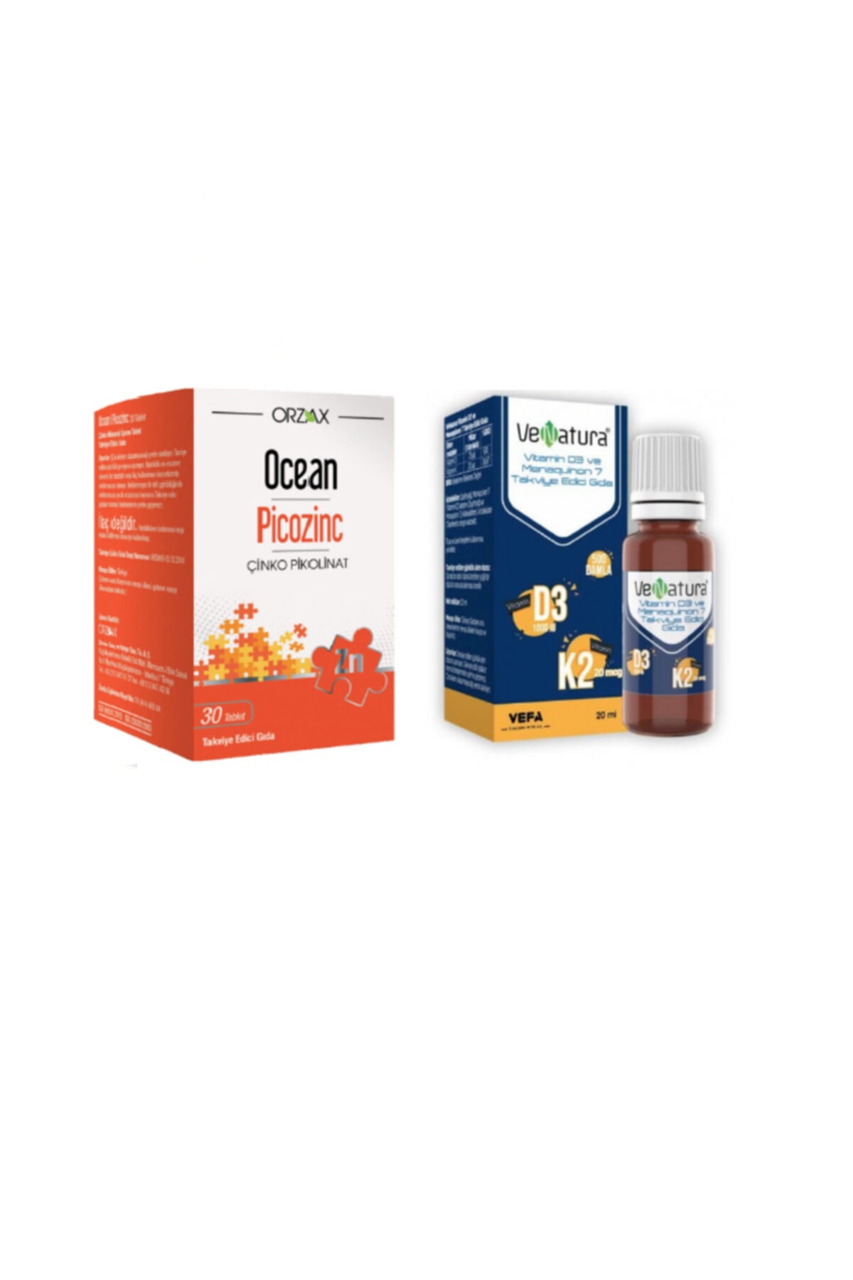 VeNatura D3 K2 Vitamini 20ml Damla + Ocean Cilt, Saç, Tırnak Sağlığı Için Çinko Takviyesi 15 Mg 30 Tablet