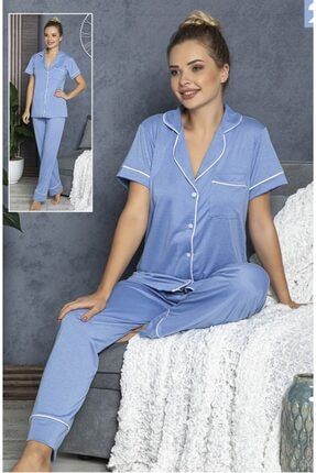 Kadın Düğmeli 2li Kısa Kol Pijama Takımı 45012