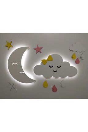 Dekoratif Ahşap Işıklı Ay Bulut Gece Lambası Ledli Aydınlatma Çocuk Odası fbrkahsp0416