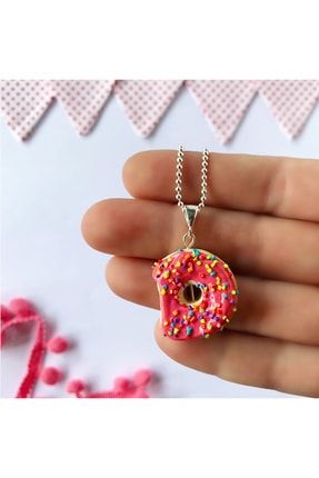 Gümüş Kolye El Yapımı Polimer Donut - Pembe Sprinkle TJL1-KLY-DNT-P2