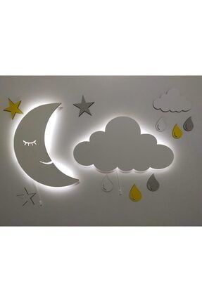 Dekoratif Ahşap Işıklı Ay Bulut Gece Lambası Ledli Aydınlatma Çocuk Odası fbrkahsp0419