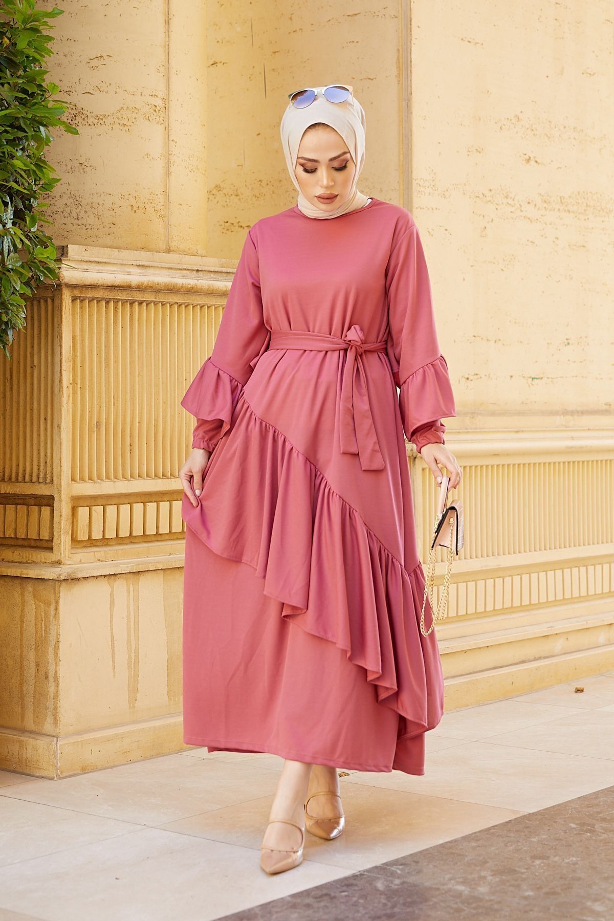 festmoda-فستان كشكش غير متماثل وردي اللون نسائي 4