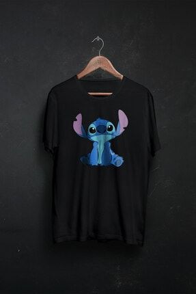 Disney Stitch Baskılı Unisex Siyah Tshirt G-011