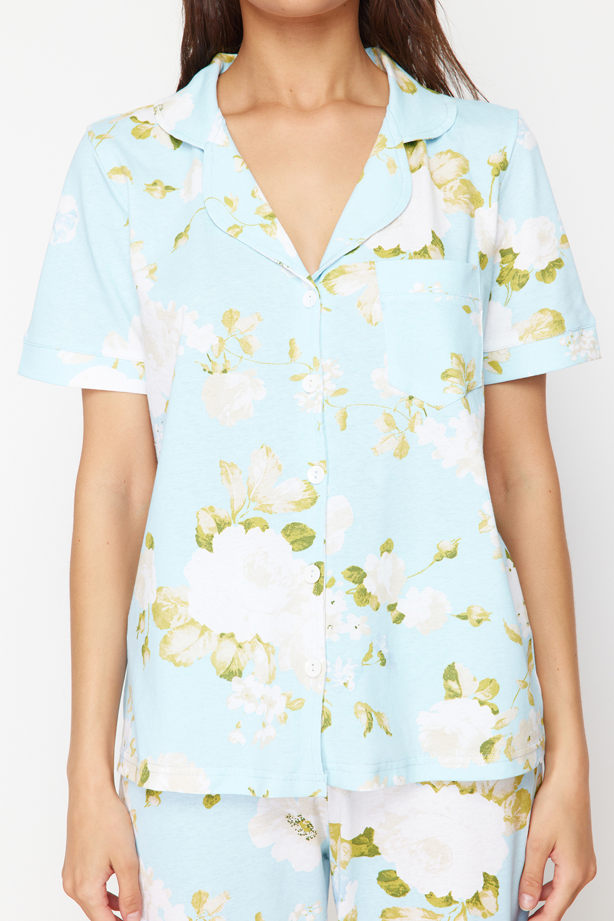 Trendyolmilla  Mavi %100 Pamuklu Çiçek Desenli Örme Pijama Takımı THMSS20PT0062 - Görsel 4