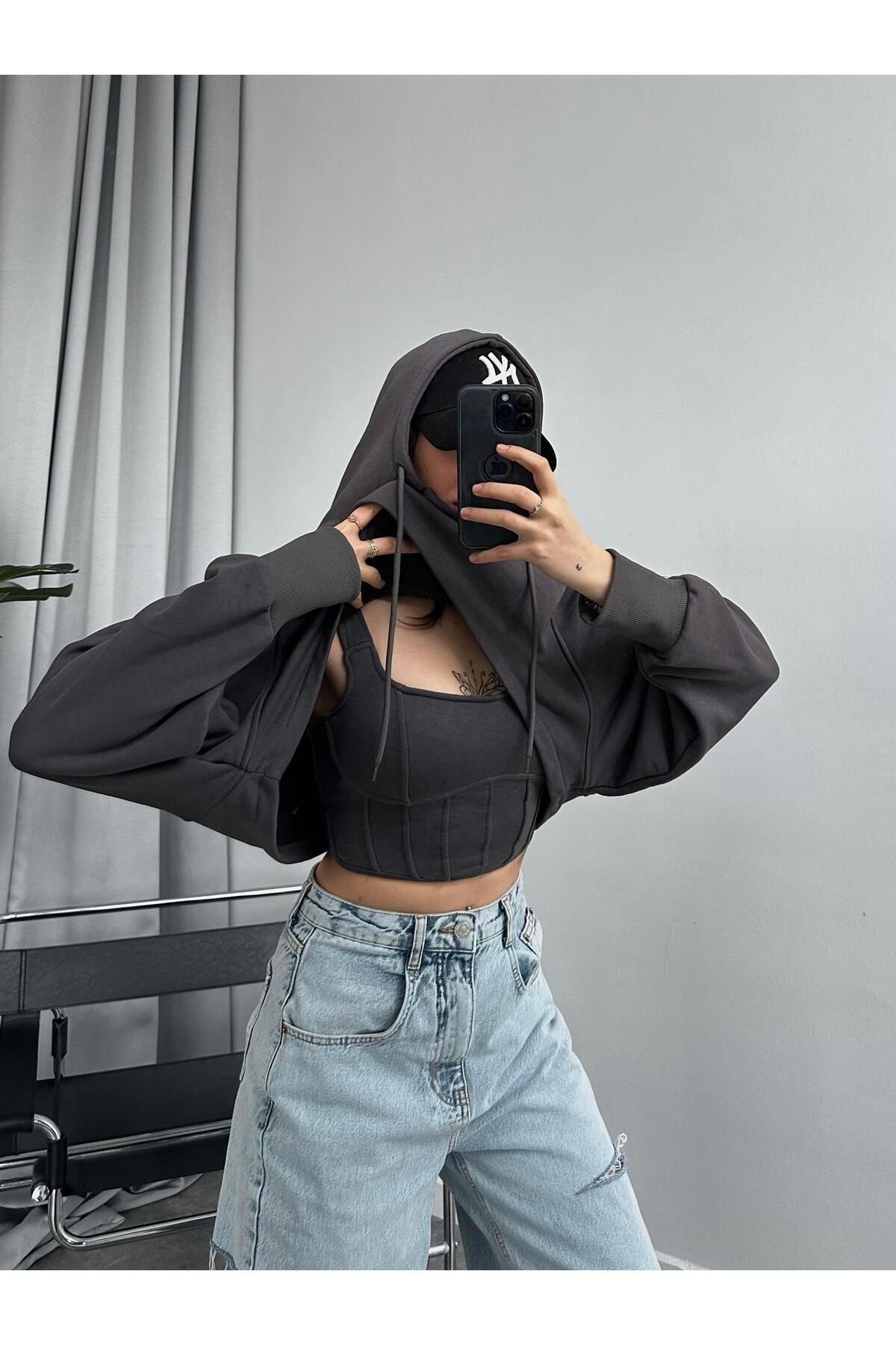 OYKUWEAR Lucia Antrasit 2 li Crop Korse Sweat Fiyat Yorumlar Trendyol