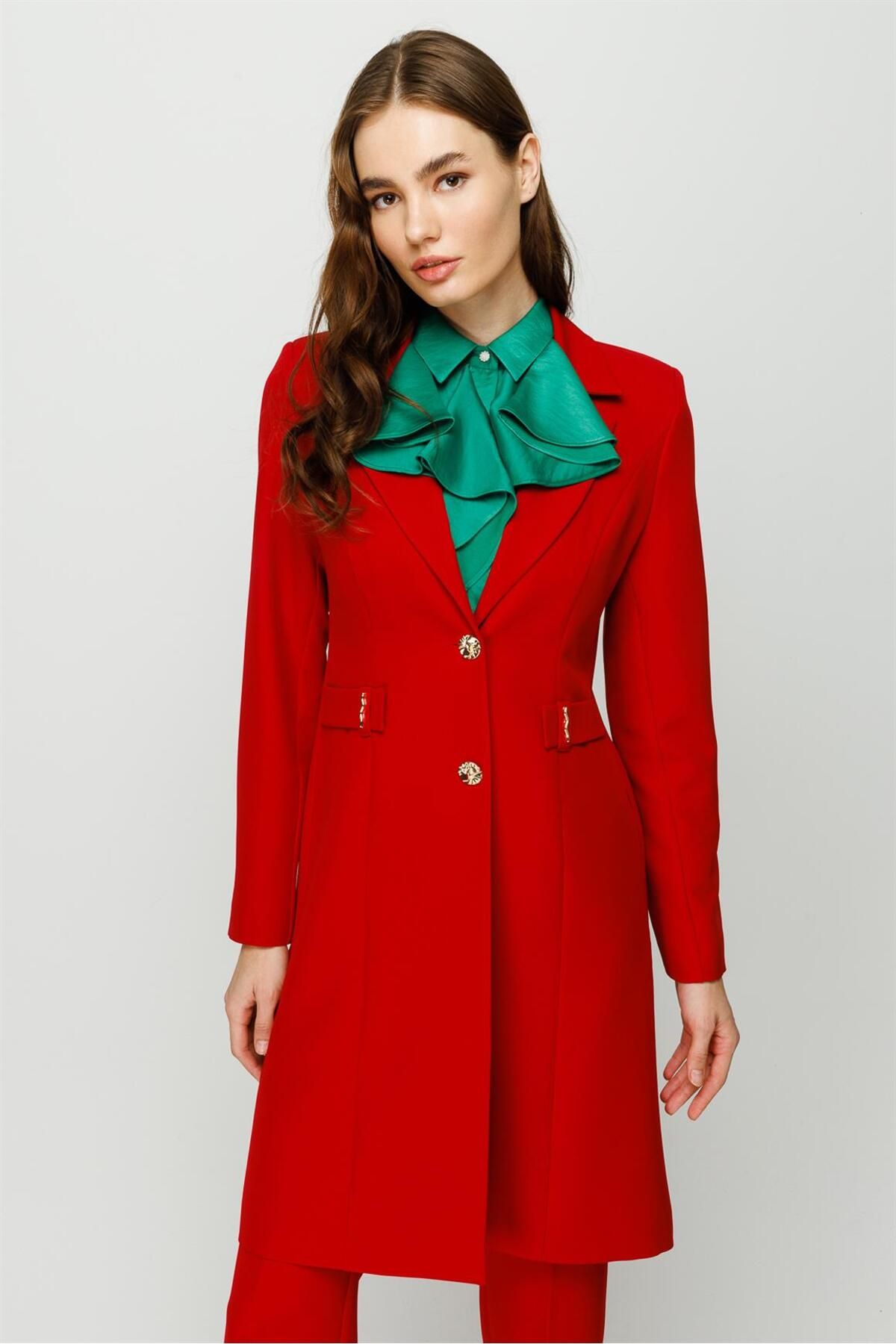 Esswaap-Accessory Detailed Long Jacket Trousers Set Red 4
