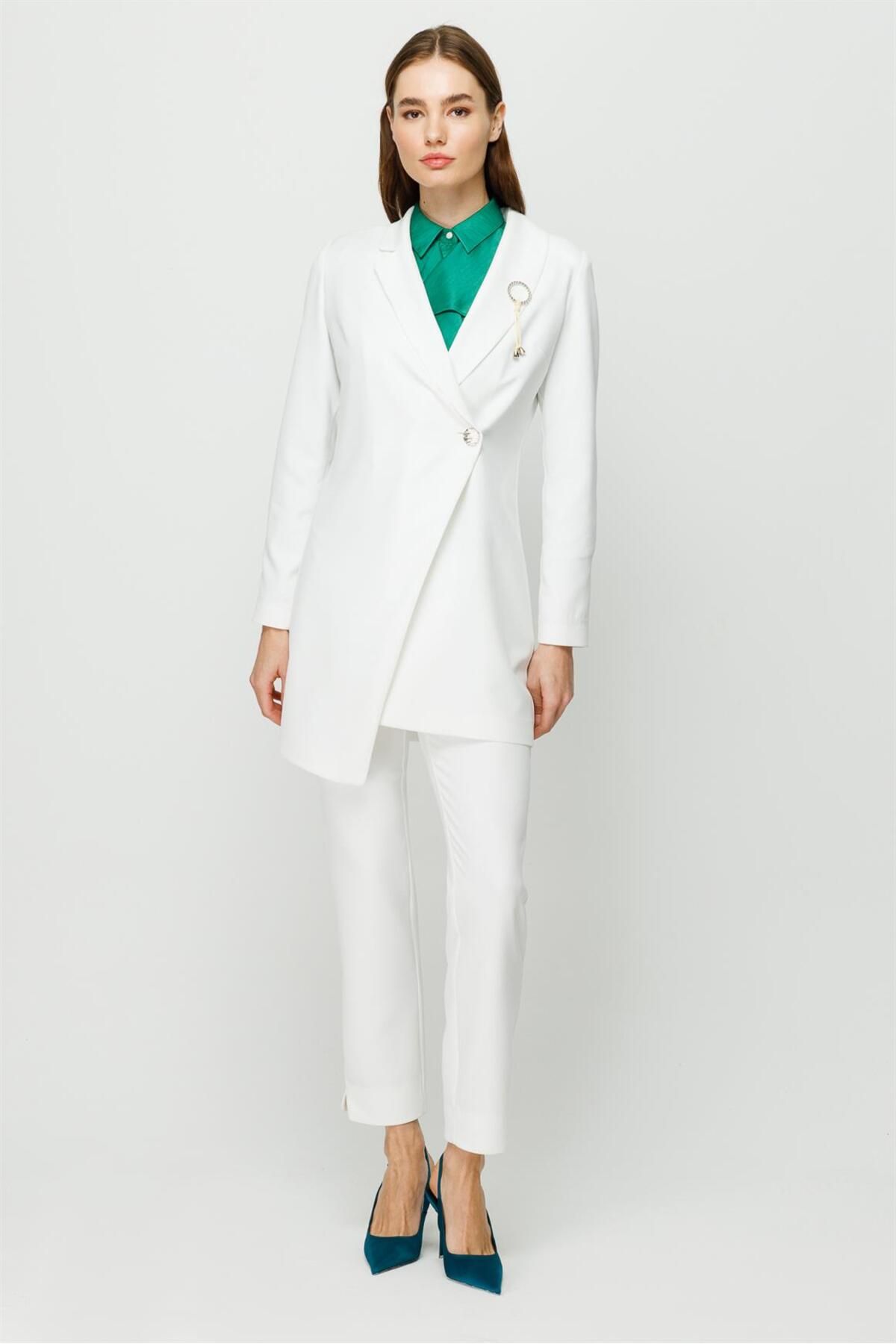 Esswaap-Double Breasted Single Button Trousers Jacket Set Ecru 3