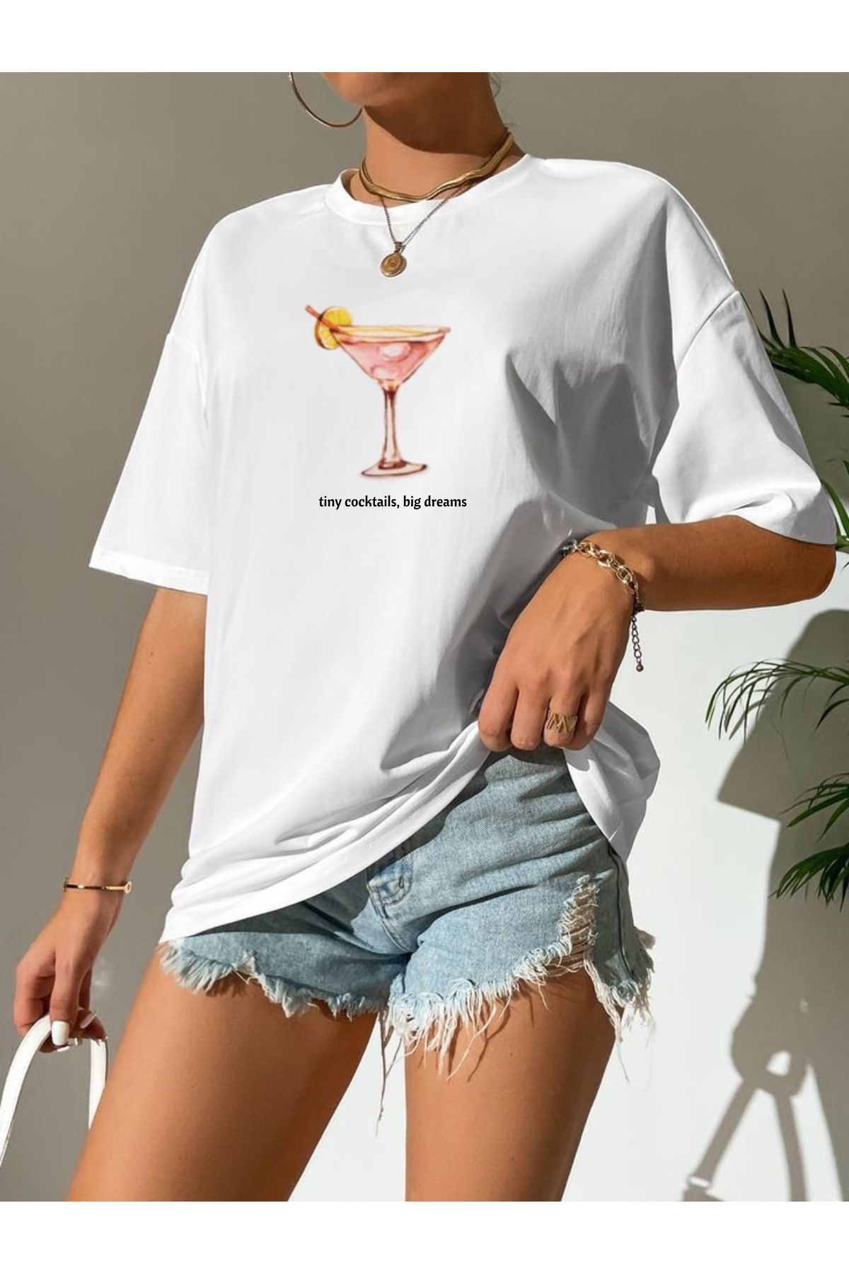 Rokeby Хлопковая чесаная ткань Oversize, белая футболка с принтом «крошечные коктейли» tiny-1
