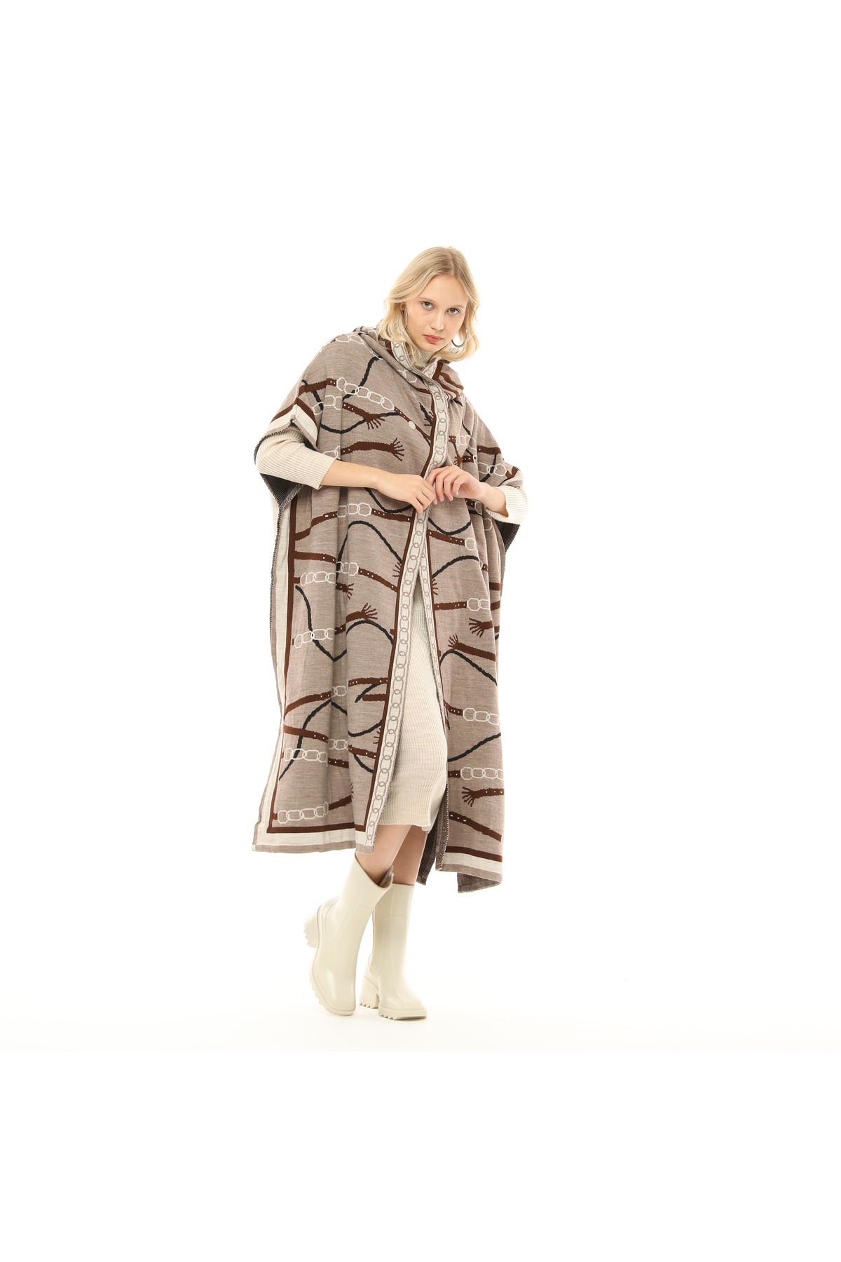 CHAIN ​​SPORTS PATTERN BUTTON CLOSED HOODED PONCHO/KNITWEAR CAP-BROWN