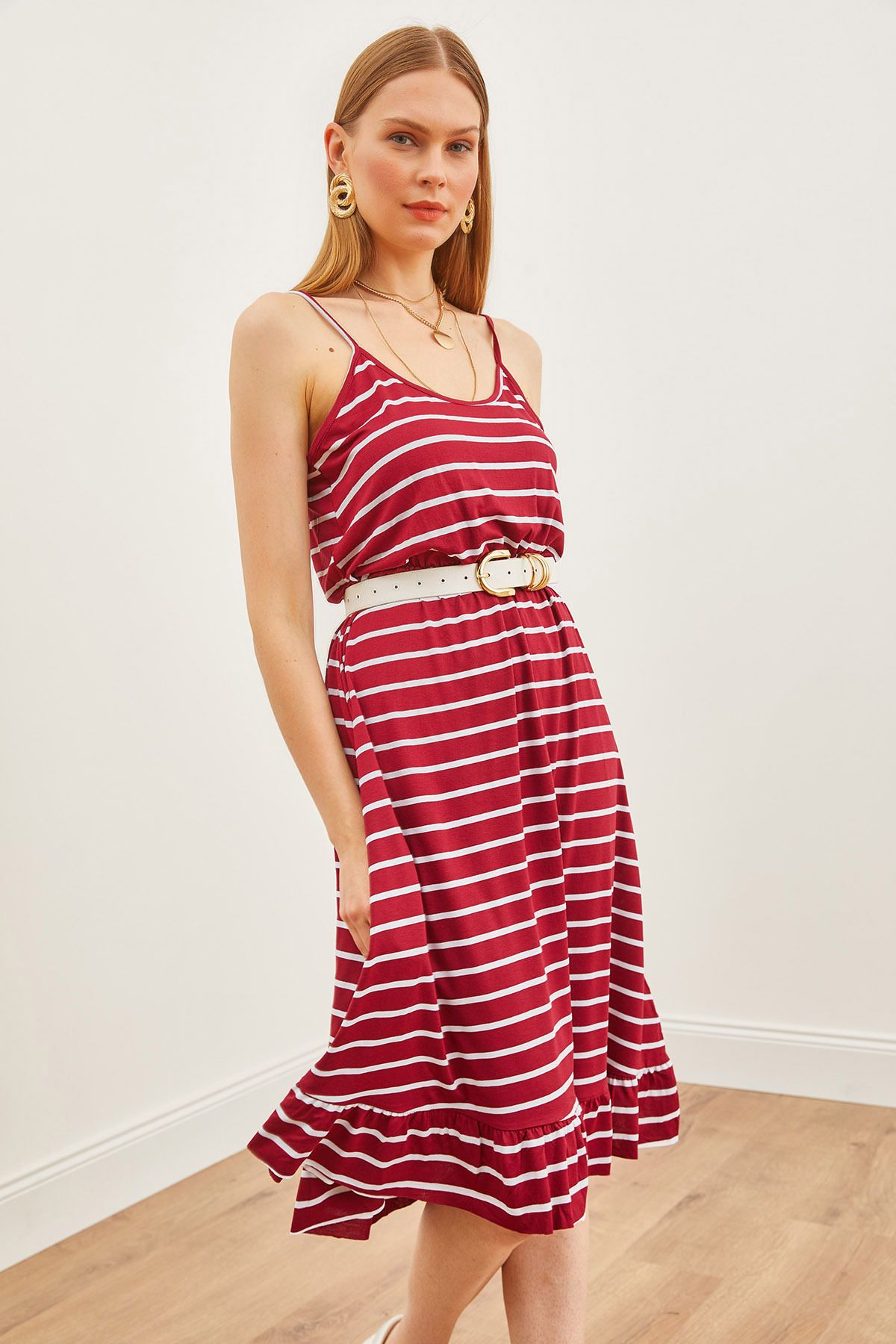 Kadın Bordo Çizgili İnce Askılı Beli Lastikli Örme Viskon Elbise ELB-19002155