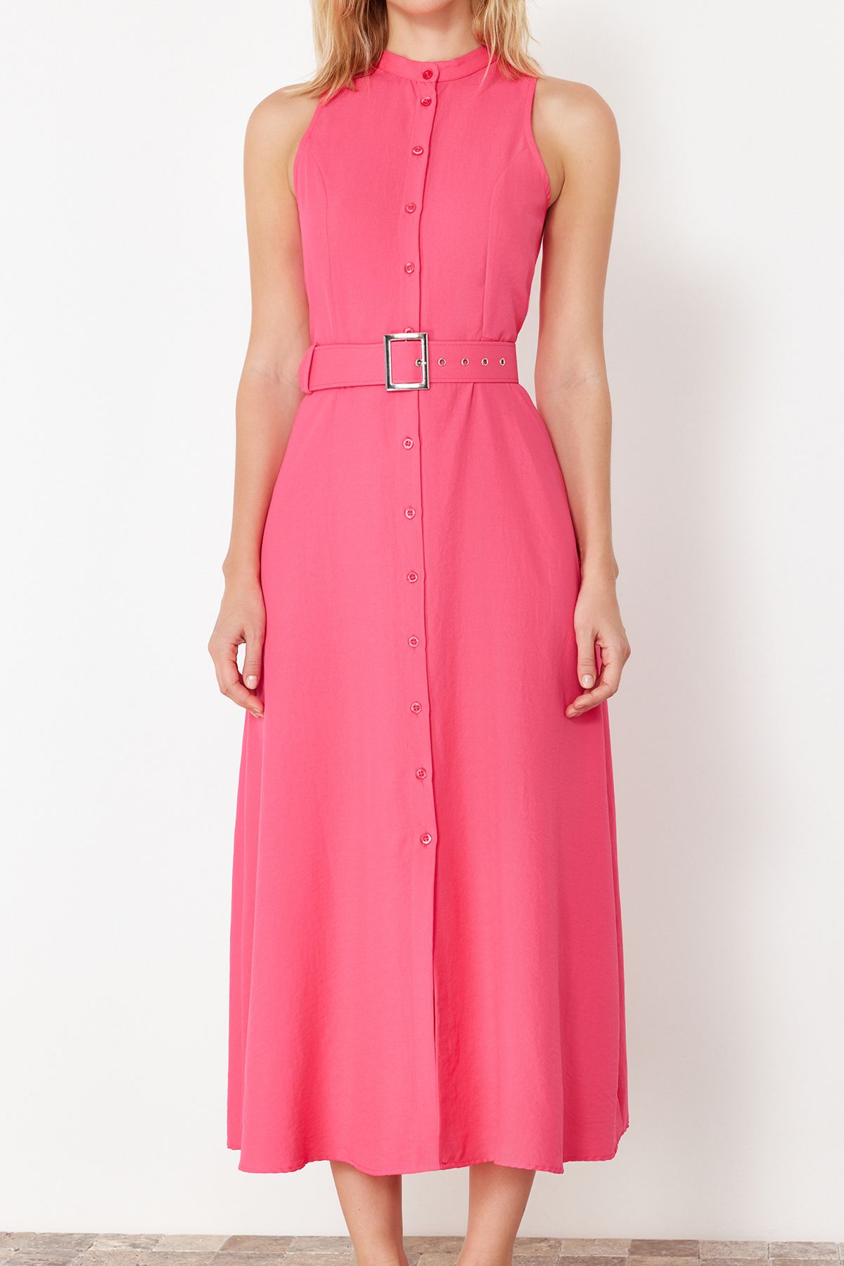 Trendyol Collection-Rosa gewebtes Midi-Hemdkleid mit Gürtel TWOSS23EL01628 4