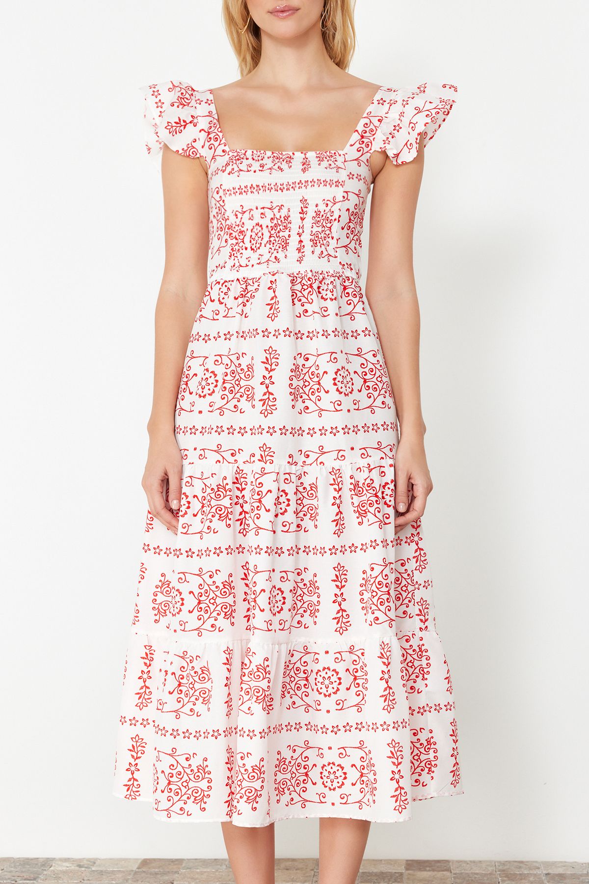 Trendyol Collection-Red Ethnic Patterned Skirt Waist Opening Square Collar Woven Dress TWOSS23EL01910 5