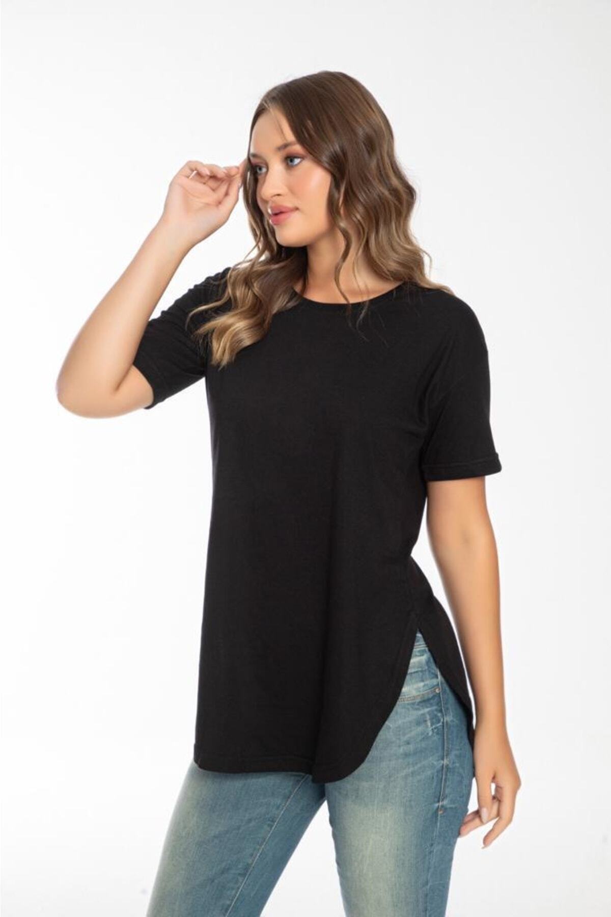 Trendbade Butik  Kadın Siyah Yırtmaçlı T-shirt - Görsel 3