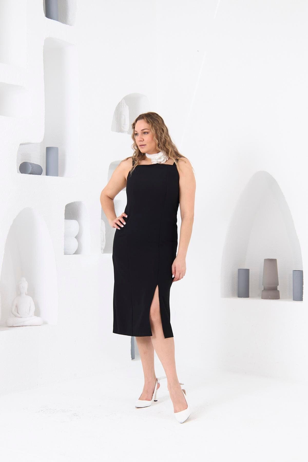 RMG-Black Plus Size Dress - Lined and Slit Detail 2