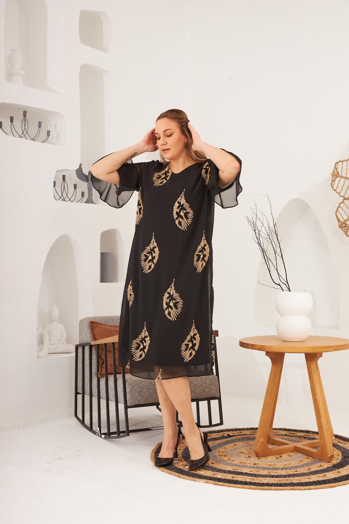 RMG-Plus Size Black Evening Dress with Embroidery Detail and Lingerie 3