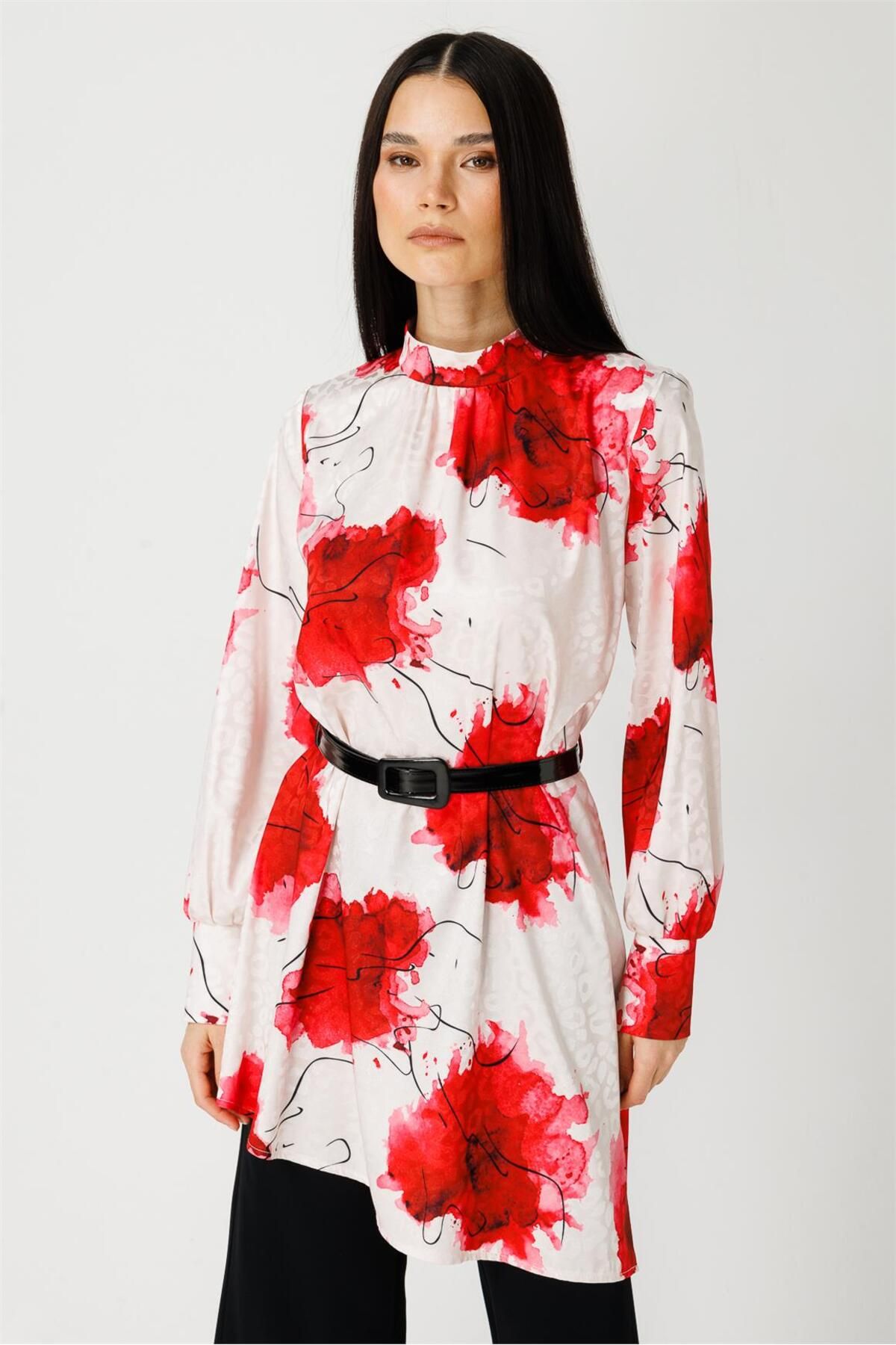 Esswaap-Red Poppy Patterned Tunic and Trousers Set 3