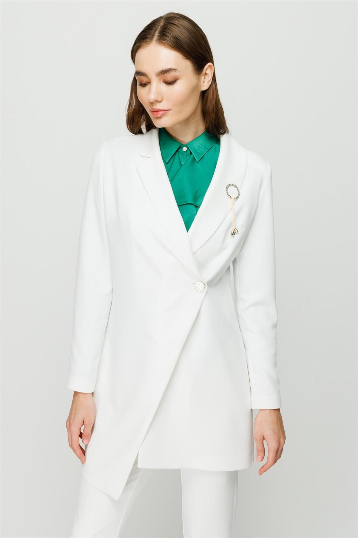 Esswaap-Double Breasted Single Button Trousers Jacket Set Ecru 5