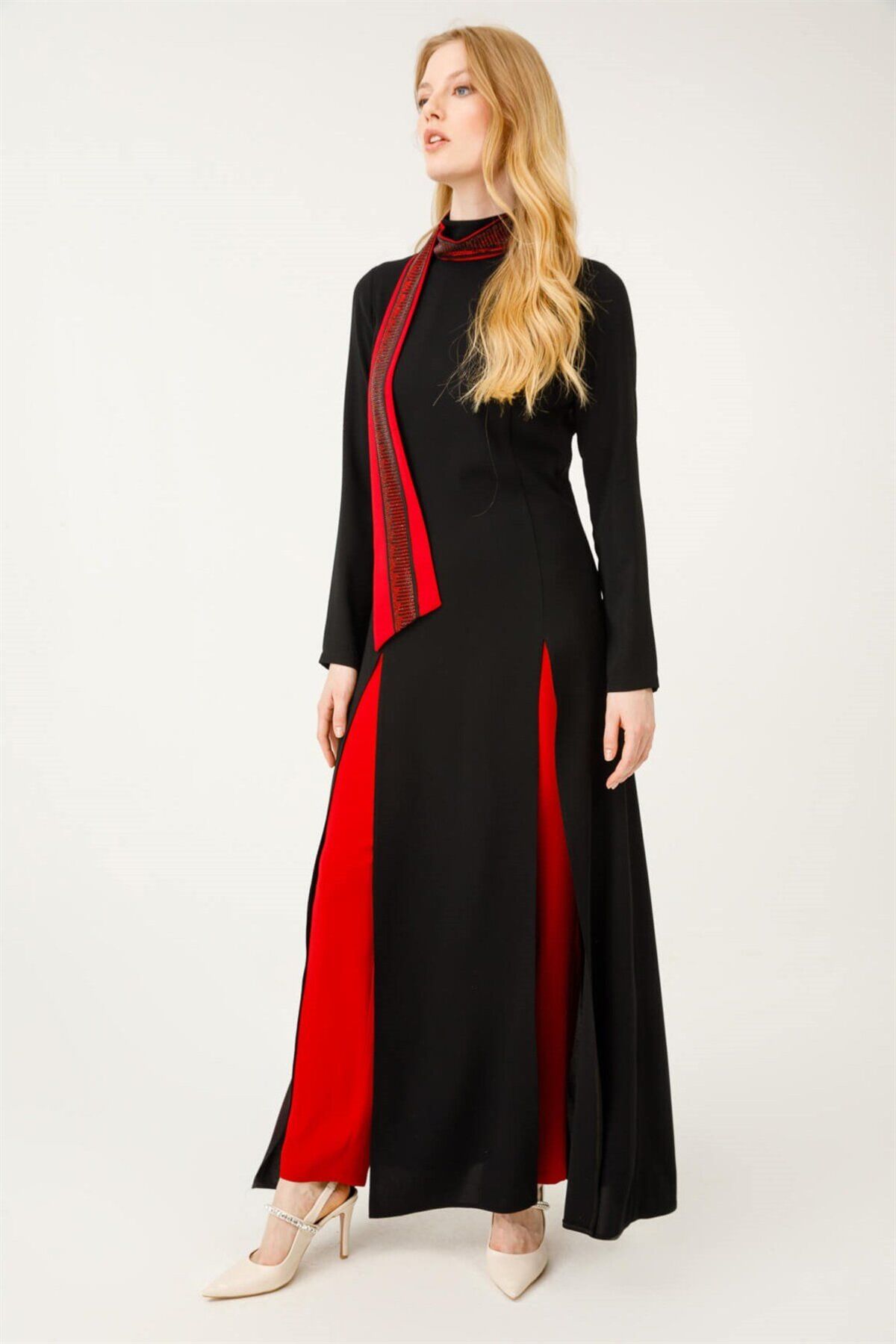Esswaap-Stylish Set with Stonework and Slits on the Scarf Red 2