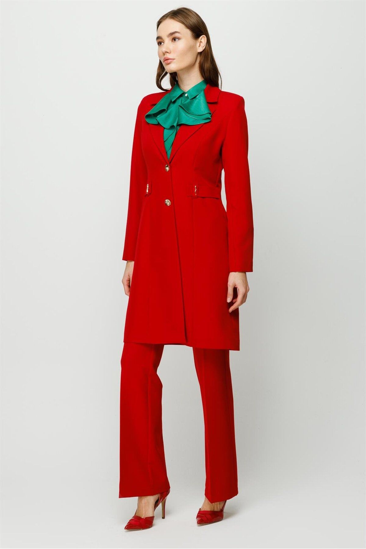 Esswaap-Accessory Detailed Long Jacket Trousers Set Red 2