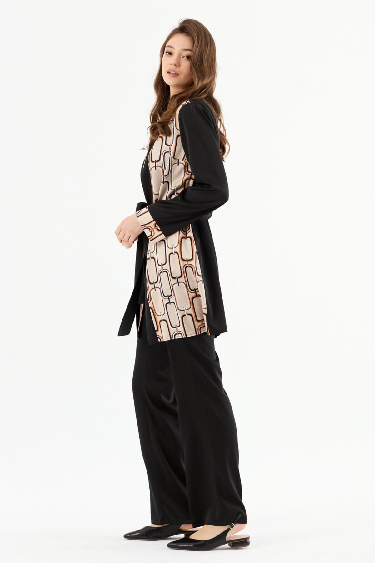 Esswaap-Chain Patterned Short Kimono Trousers Set Black 2