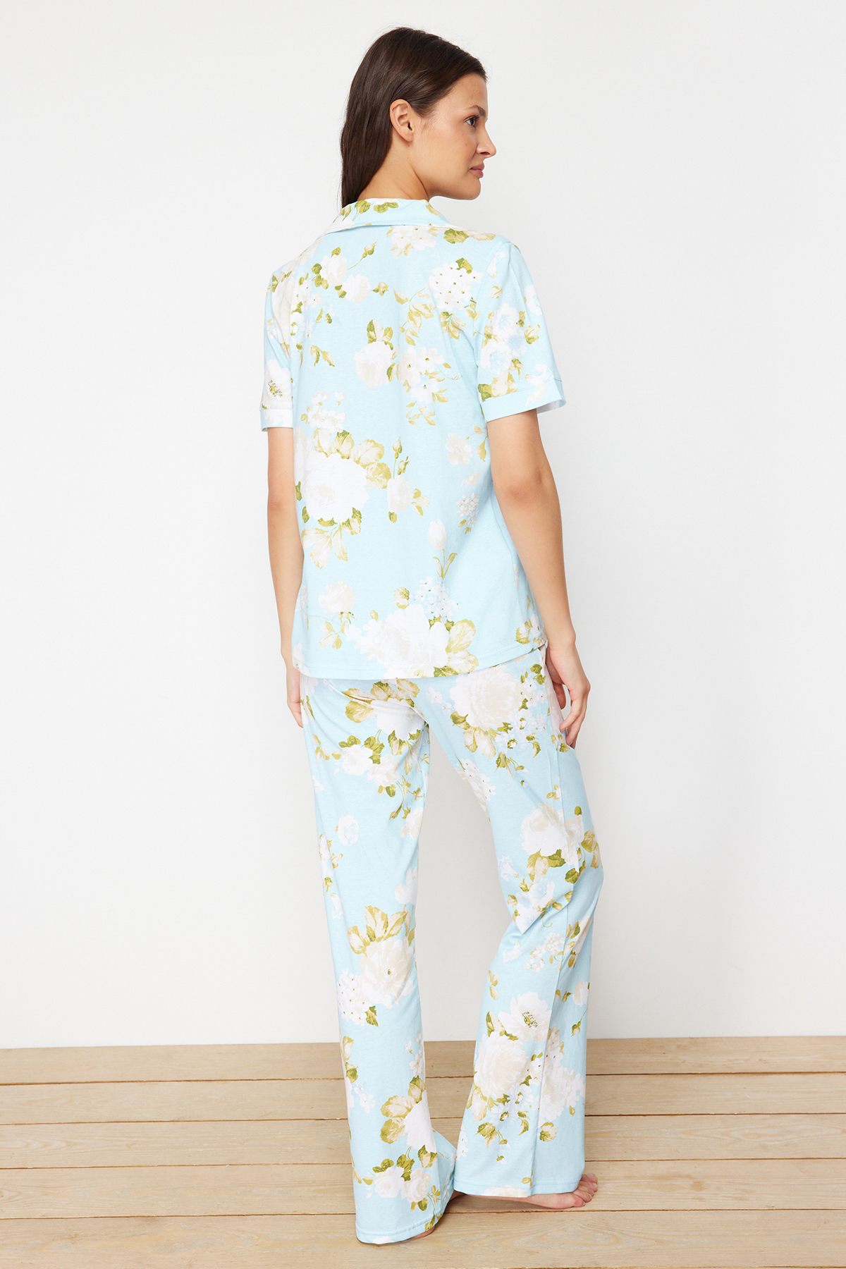 Trendyolmilla  Mavi %100 Pamuklu Çiçek Desenli Örme Pijama Takımı THMSS20PT0062 - Görsel 6