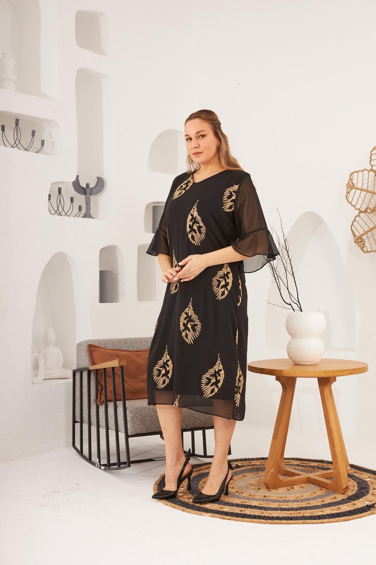 RMG-Plus Size Black Evening Dress with Embroidery Detail and Lingerie 8