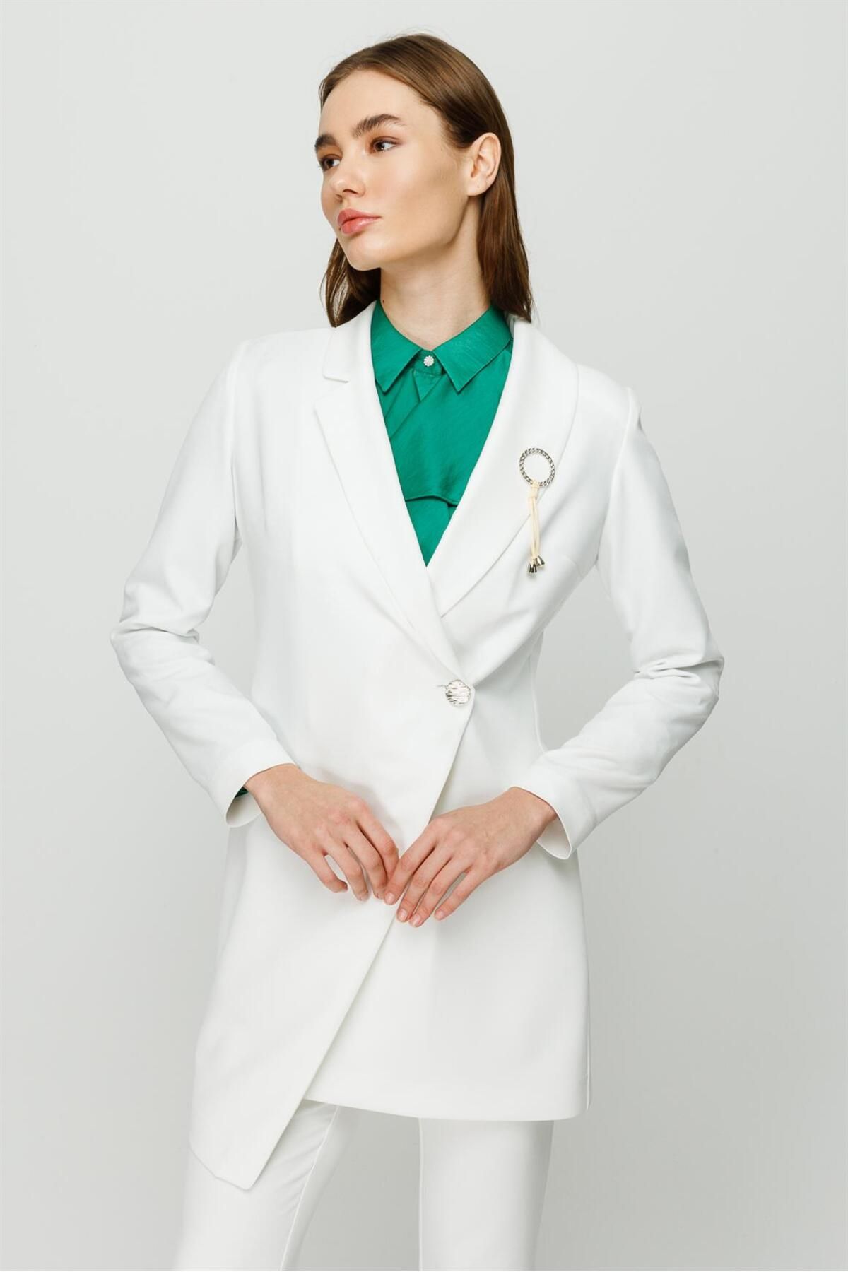 Esswaap-Double Breasted Single Button Trousers Jacket Set Ecru 4