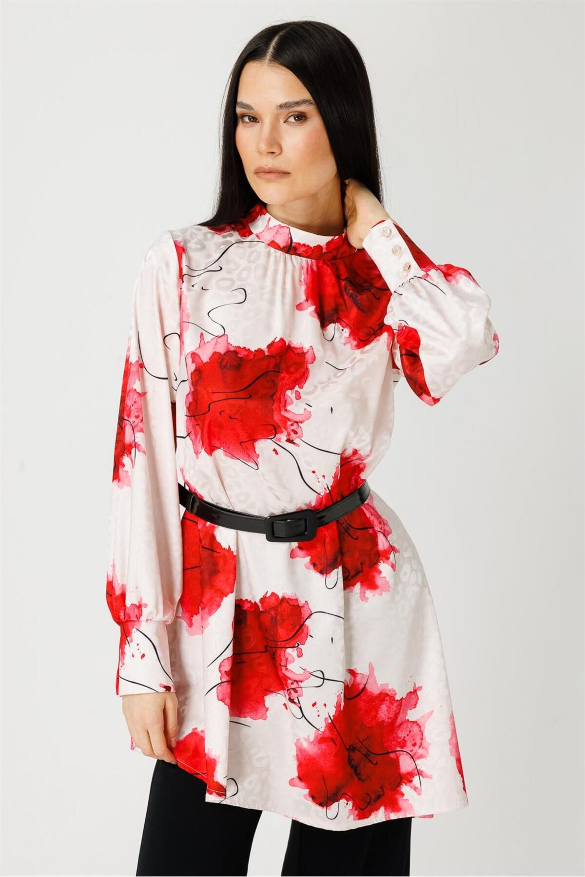 Esswaap-Red Poppy Patterned Tunic and Trousers Set 6