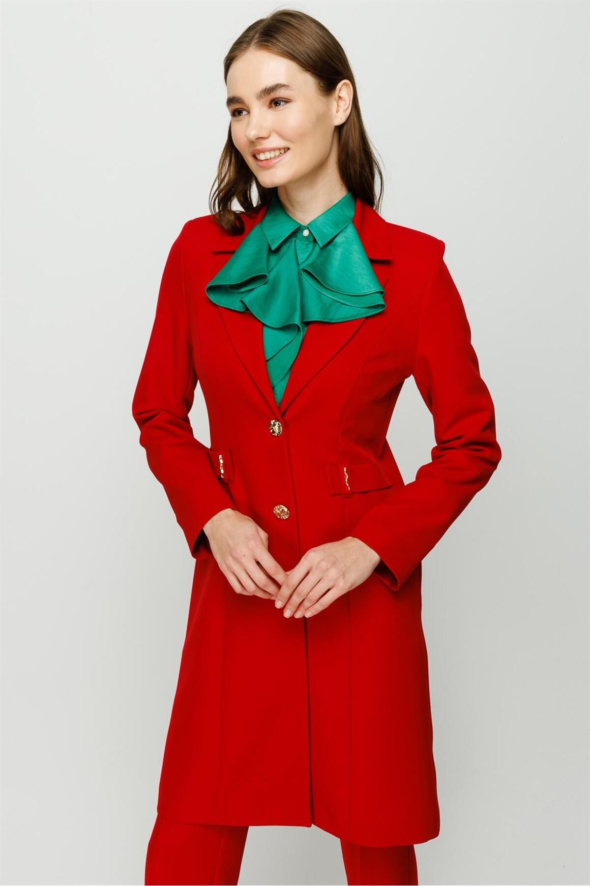 Esswaap-Accessory Detailed Long Jacket Trousers Set Red 3