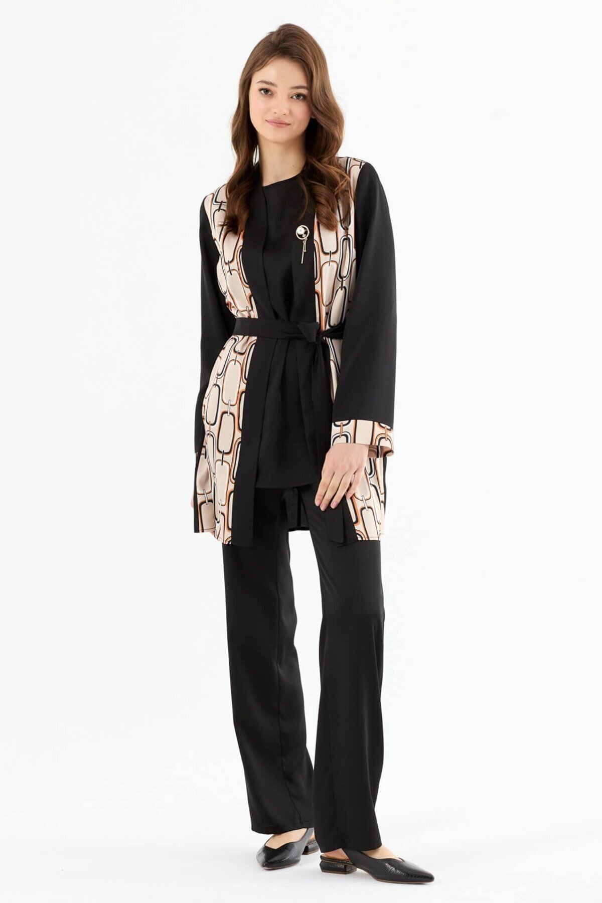 Esswaap-Chain Patterned Short Kimono Trousers Set Black 4