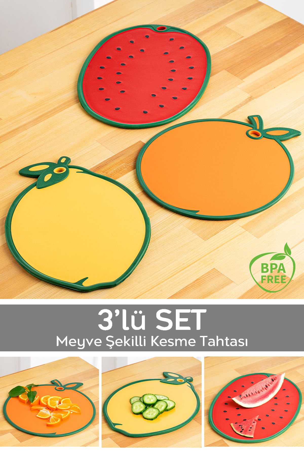 3 Parça Kesme  Doğrama Tahtası Seti ,Meyve Şekilli Kesme Tahtası ,Kesim Tahtası Seti-3'lü Set