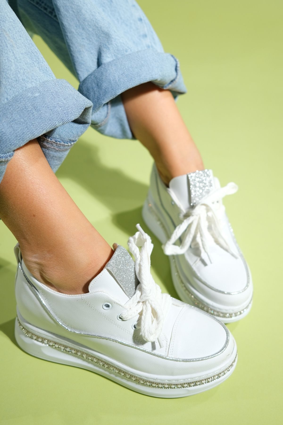 LuviShoes-JERSEY White Stone Pearl Women's Hidden Heeled Sports Shoes 4