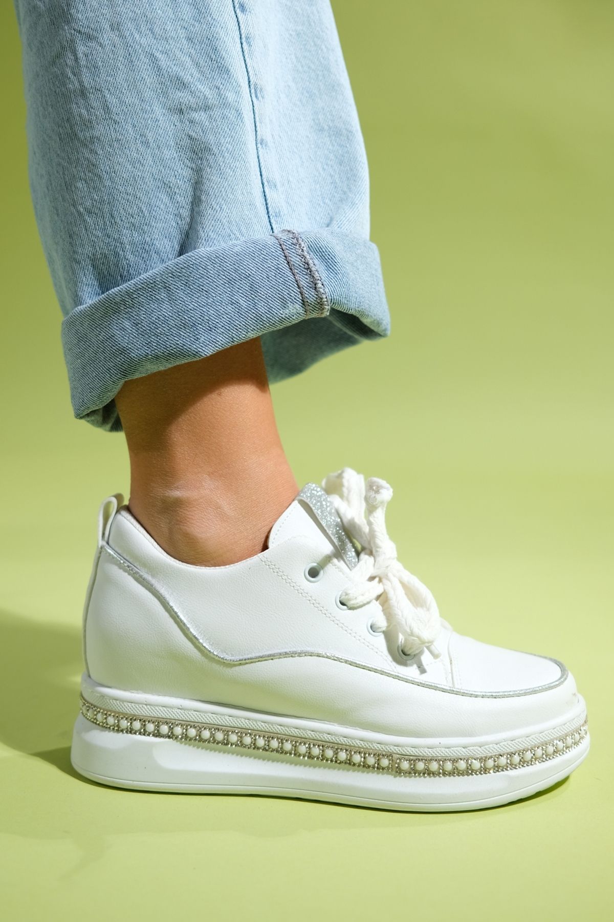 LuviShoes-JERSEY White Stone Pearl Women's Hidden Heeled Sports Shoes 5