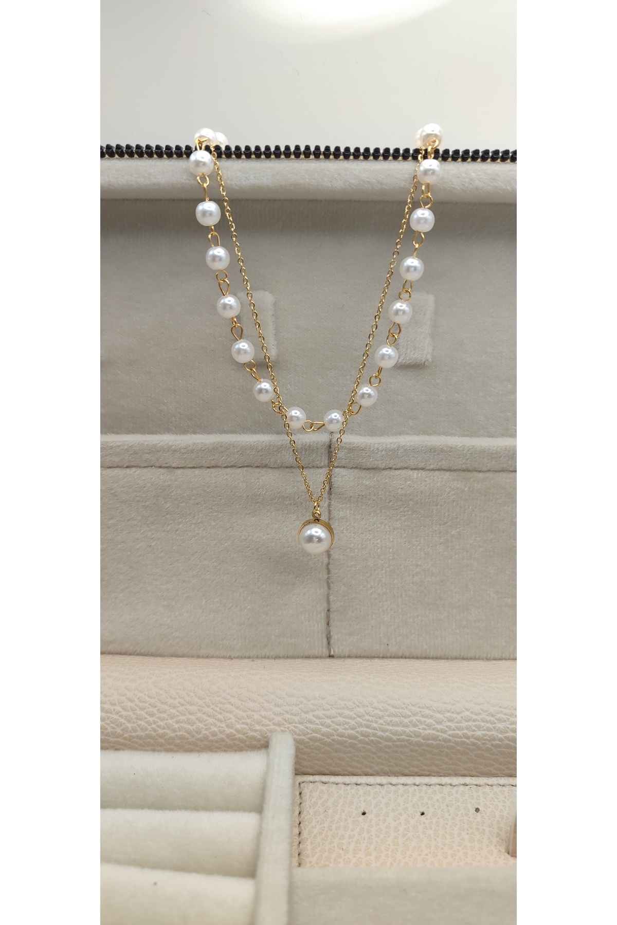 Altın Kaplama Inci Taneli Ince Zincir Çelik Kolye