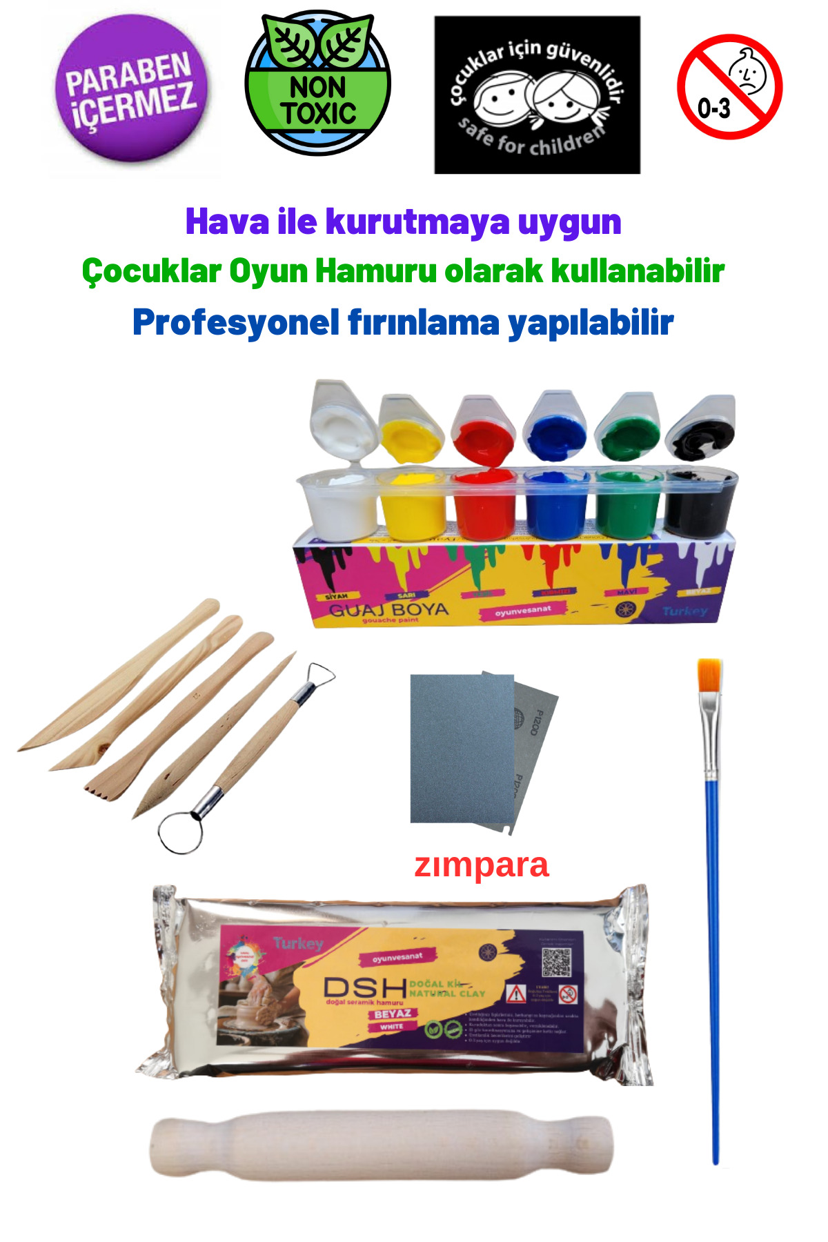 Seramik Hamuru Başlangıç Seti 9 -guaj Boya, Ebeşuar, Merdane, Fırça, 1000gr Beyaz Doğal Kil, Zımpara