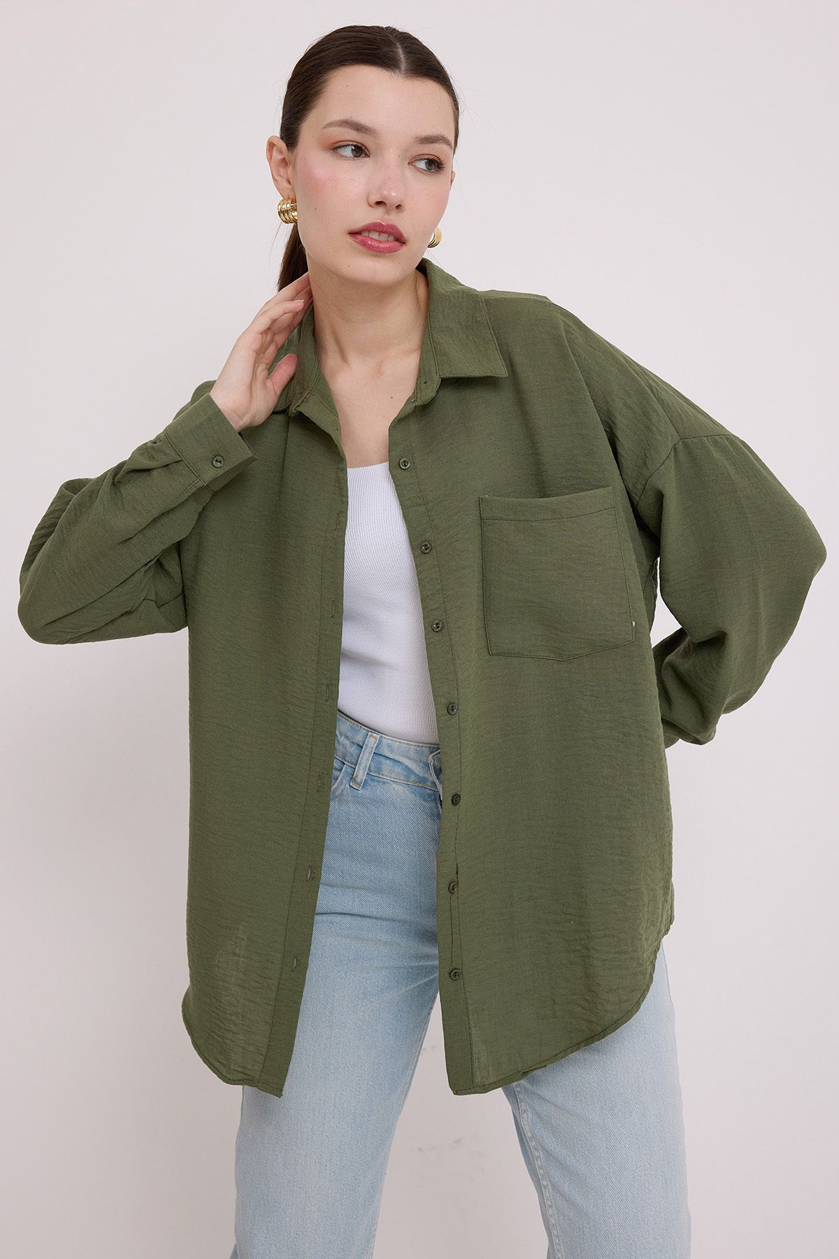 Bigdart-20153 Lniana koszula oversize z pojedynczą kieszenią – Khaki 3