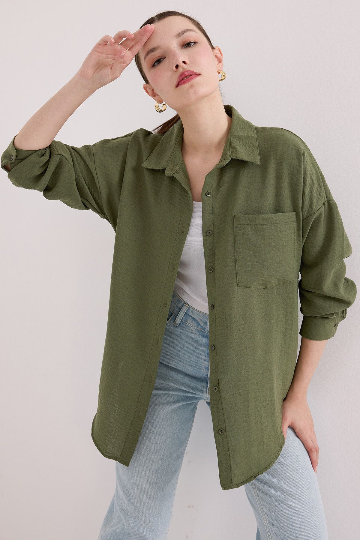 Bigdart-20153 Lniana koszula oversize z pojedynczą kieszenią – Khaki 4