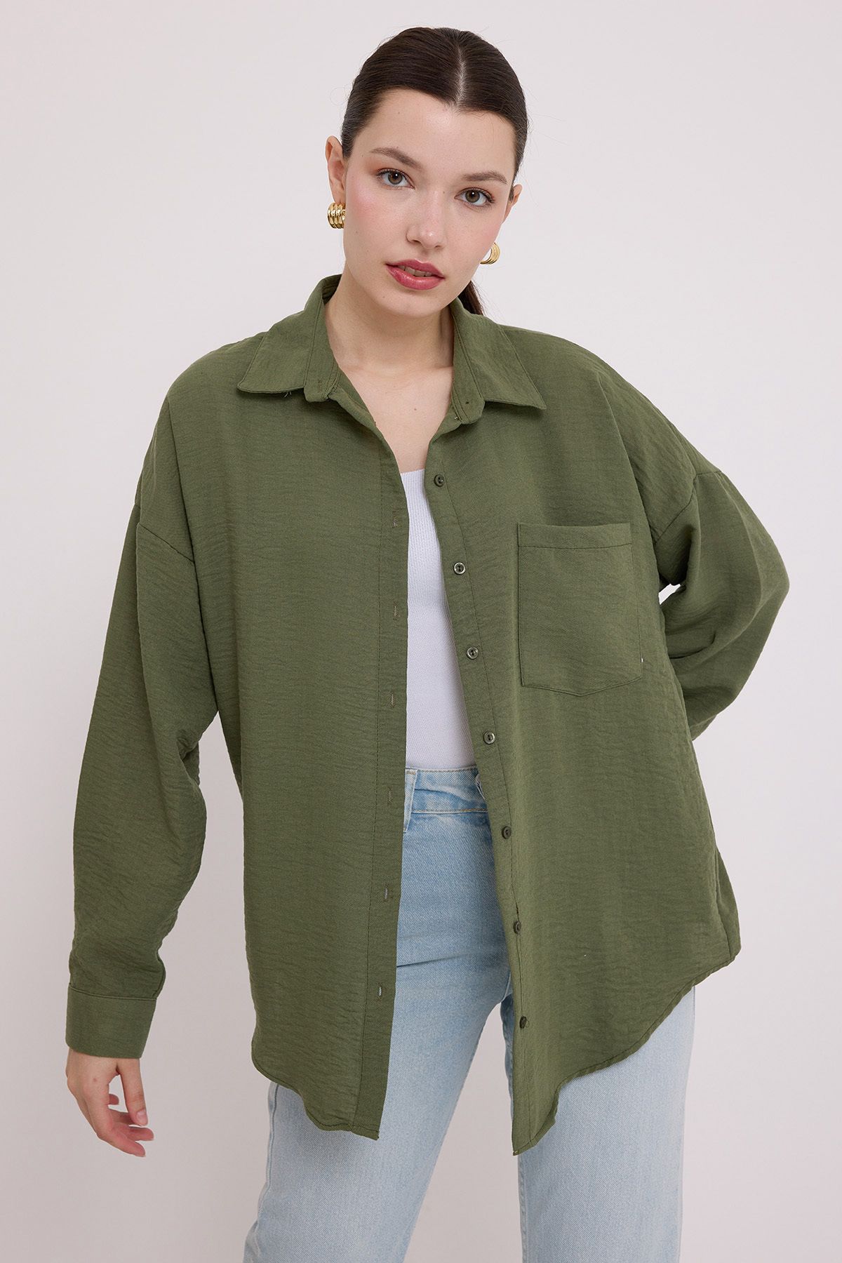 Bigdart-20153 Lniana koszula oversize z pojedynczą kieszenią – Khaki 2