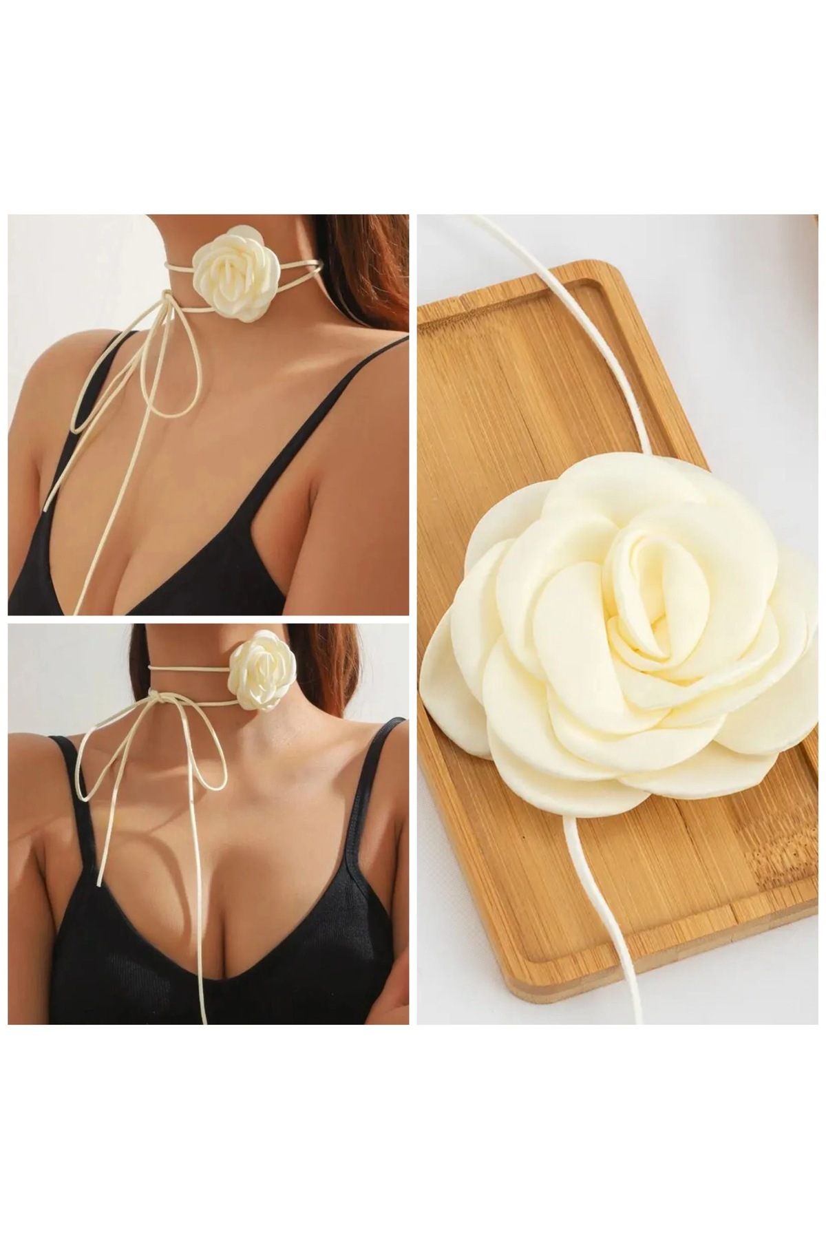 QUEEN AKSESUAR moda no5 kamelya romantik büyük saten gül çiçek klavikula ipli kolye uzun krem beyaz boyunluk